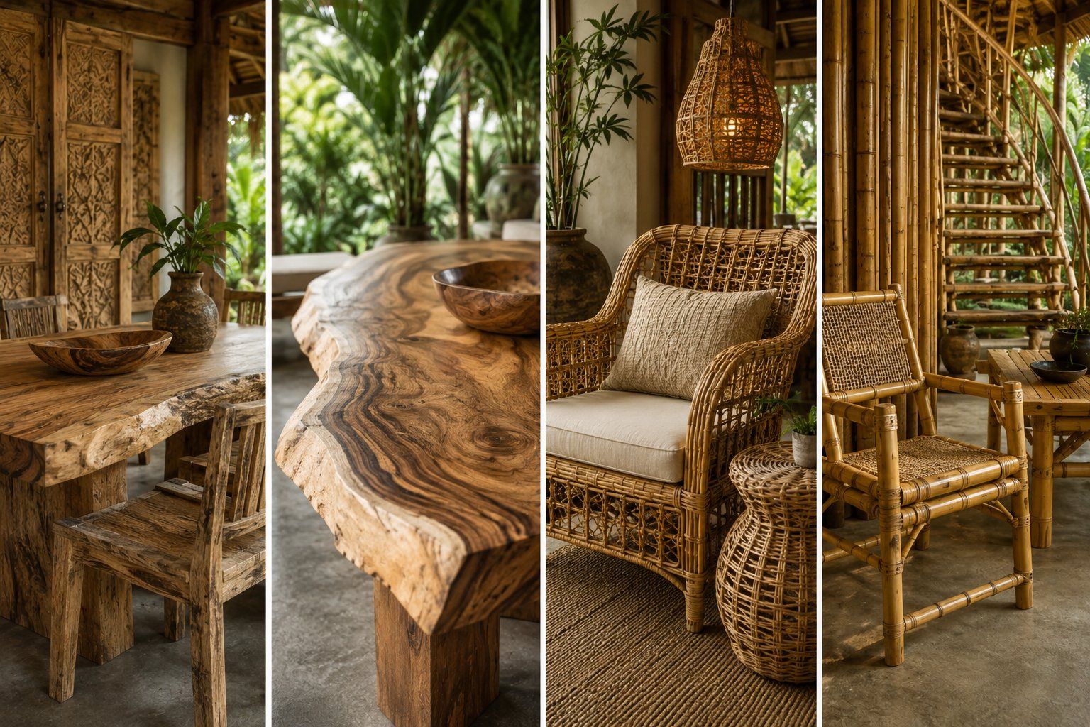 Four-panel composite of Balinese furniture materials: carved reclaimed-teak doors and a rustic dining table, a close-up of a suar wood live-edge tabletop, a woven rattan armchair with a rattan pendant light, and a bamboo chair beside a spiral bamboo staircase. Four-panel composite of Balinese furniture materials: carved reclaimed-teak doors and a rustic dining table, a close-up of a suar wood live-edge tabletop, a woven rattan armchair with a rattan pendant light, and a bamboo chair beside a spiral bamboo staircase.