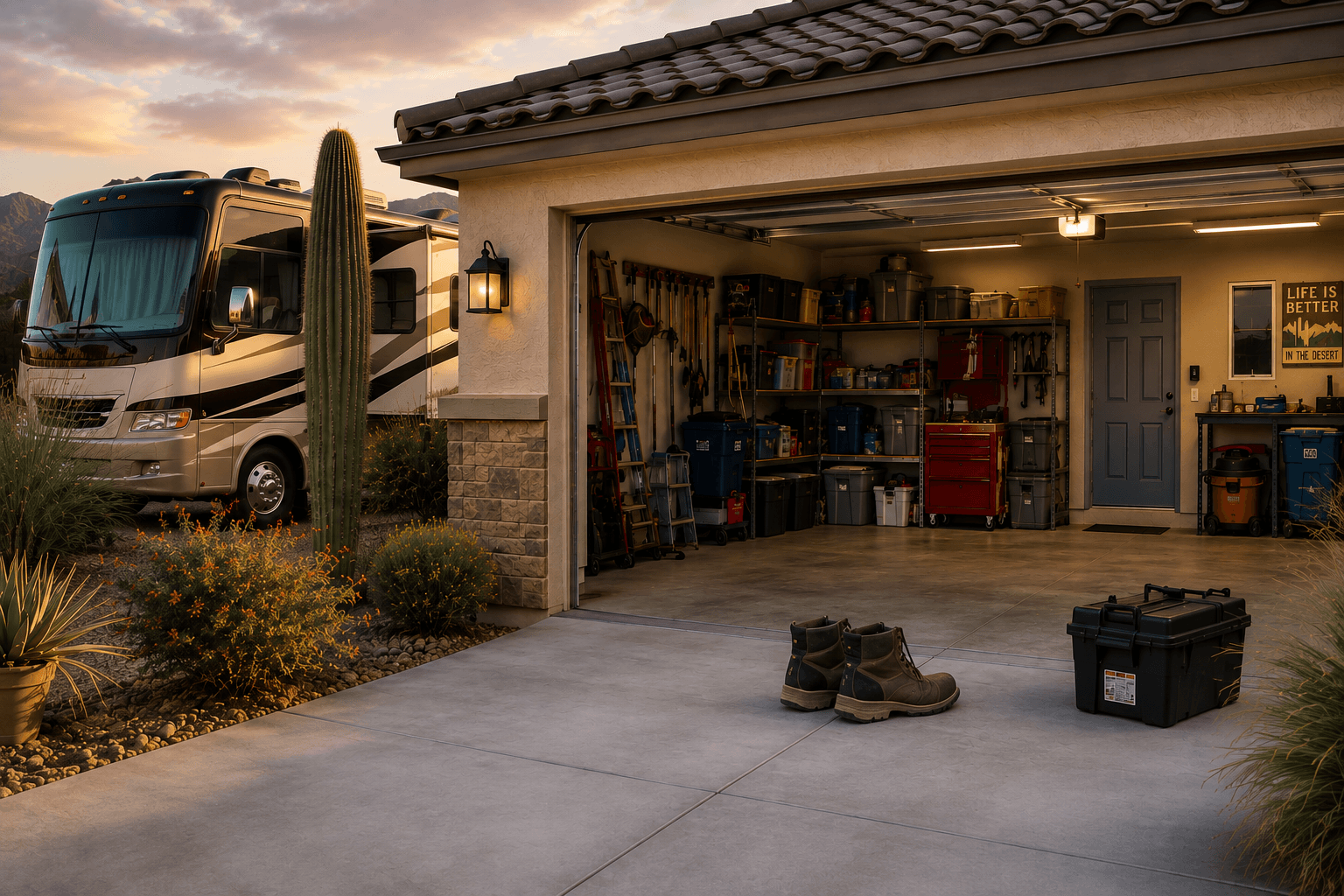 Open North Phoenix garage beside an RV at sunset, with boots, storage containers, tools and desert landscaping illustrating common hiding areas for desert pests. Open North Phoenix garage beside an RV at sunset, with boots, storage containers, tools and desert landscaping illustrating common hiding areas for desert pests.