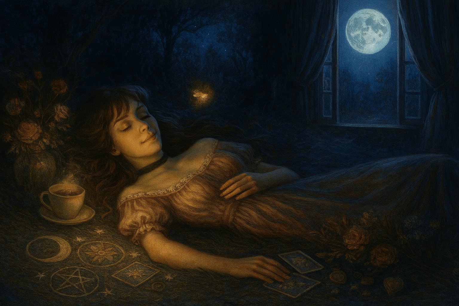 bruja coquette soñando en ritual nocturno · símbolos mágicos en tierra · luciérnaga bajo cielo sin luna bruja coquette soñando en ritual nocturno · símbolos mágicos en tierra · luciérnaga bajo cielo sin luna