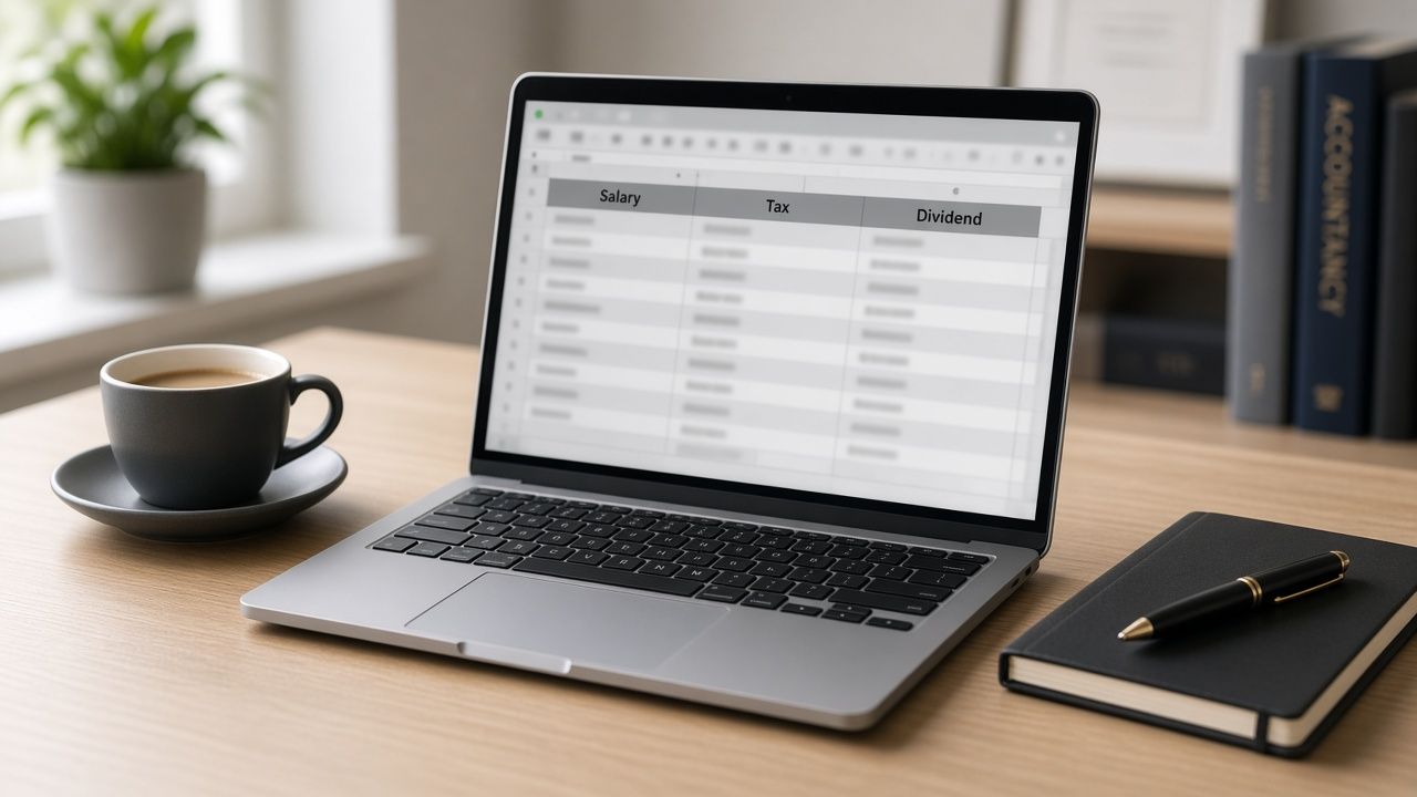 Spreadsheet comparing director salary, tax and dividends on a laptop.