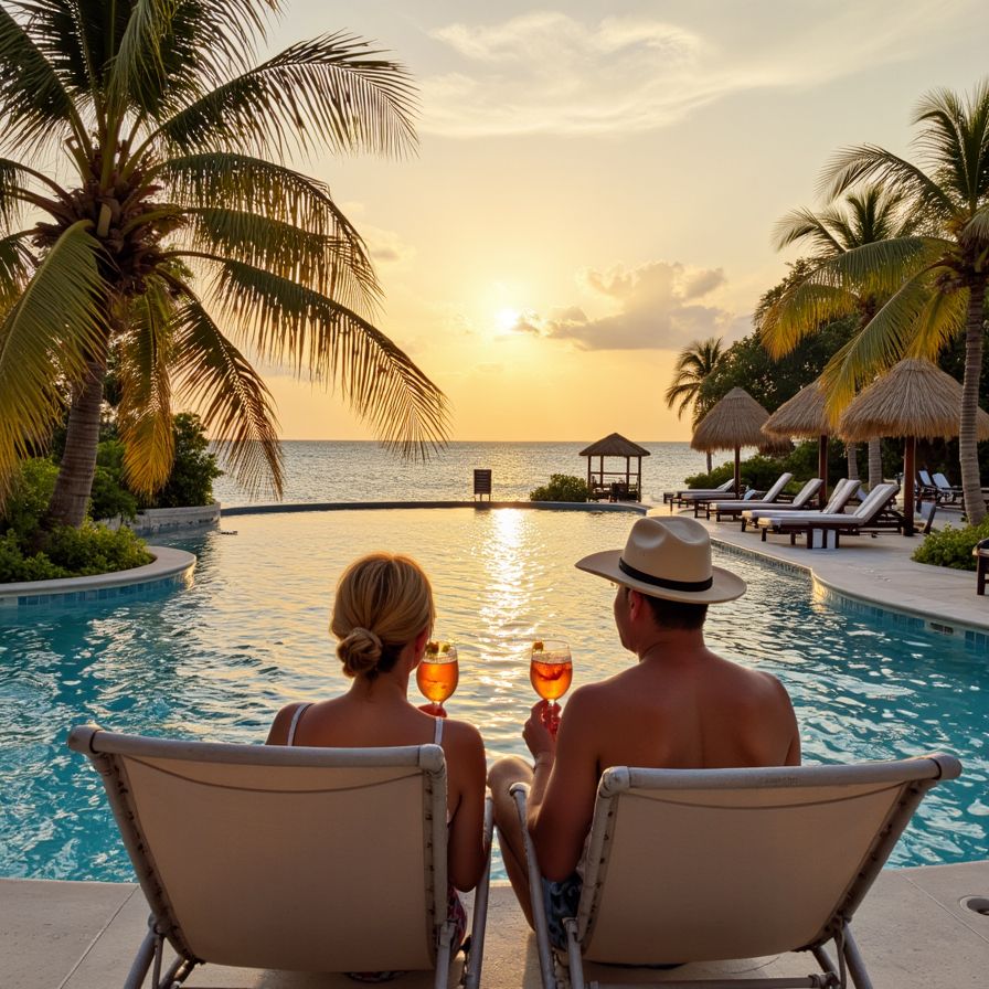 Couple relaxing together at a resort, enjoying a peaceful and intimate moment. Couple relaxing together at a resort, enjoying a peaceful and intimate moment.