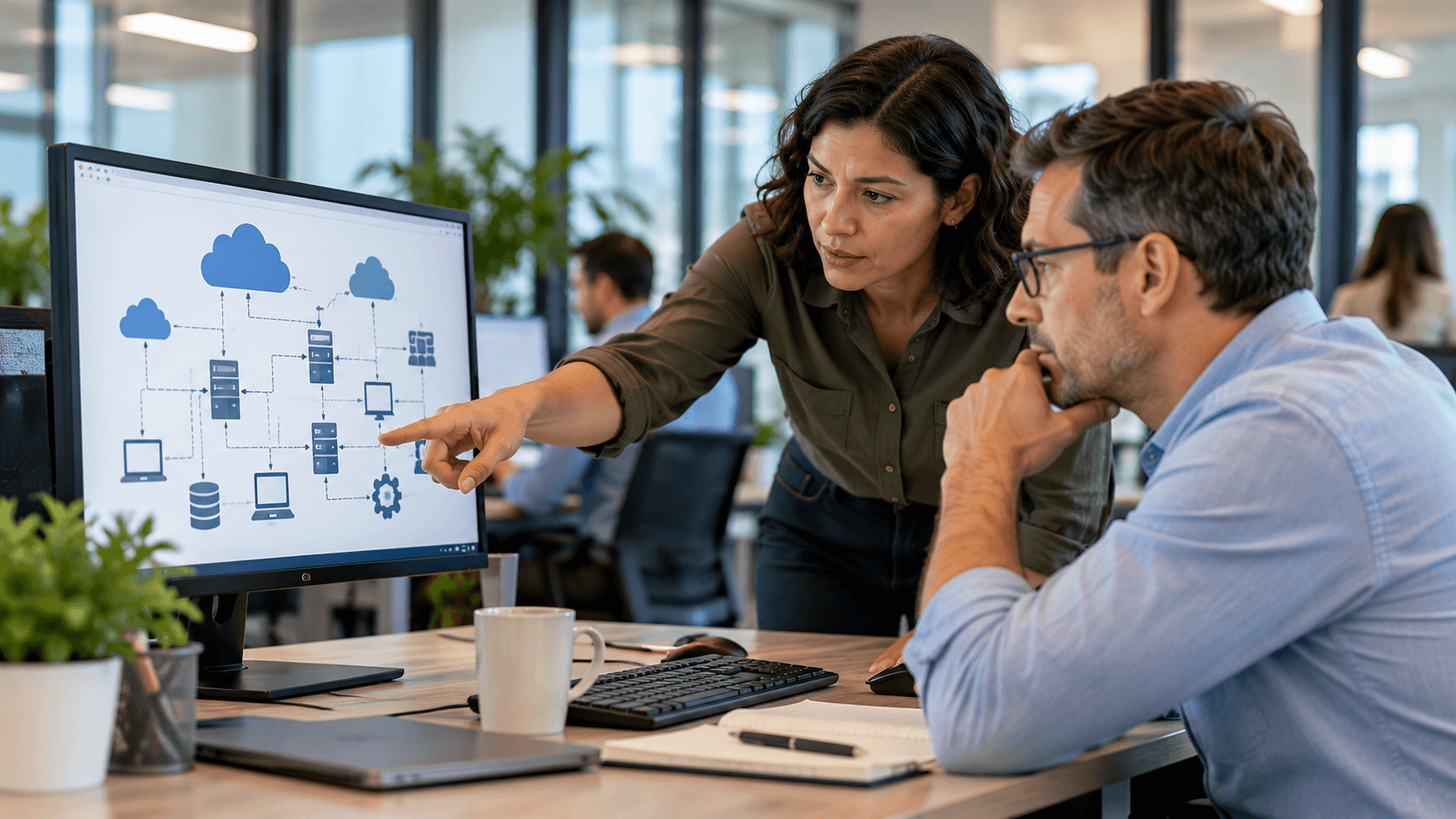Two colleagues reviewing business systems and connections on a computer screen.