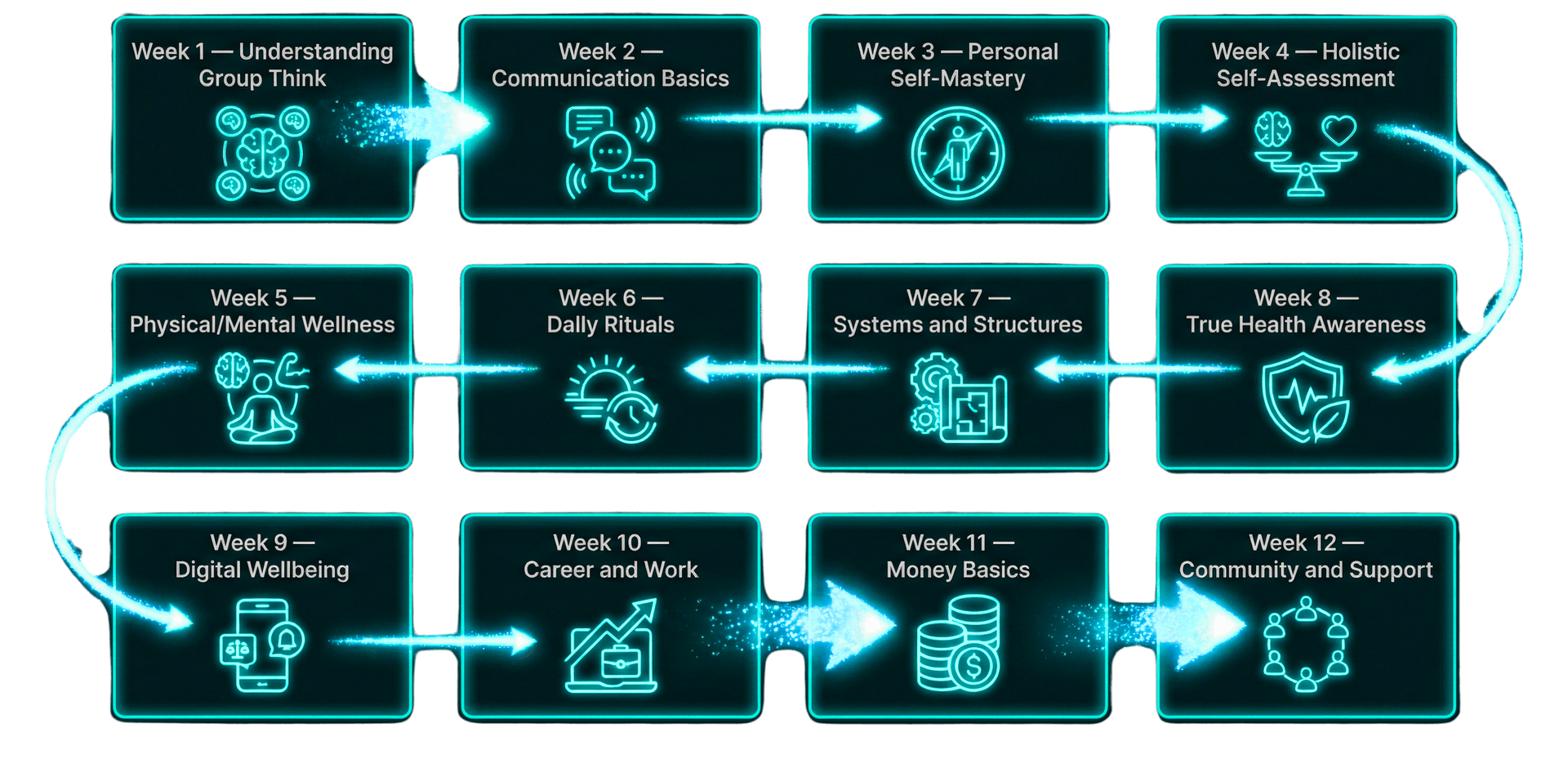 12 Week Program Overview showing weekly topics from Understanding Group Think to Community and Support