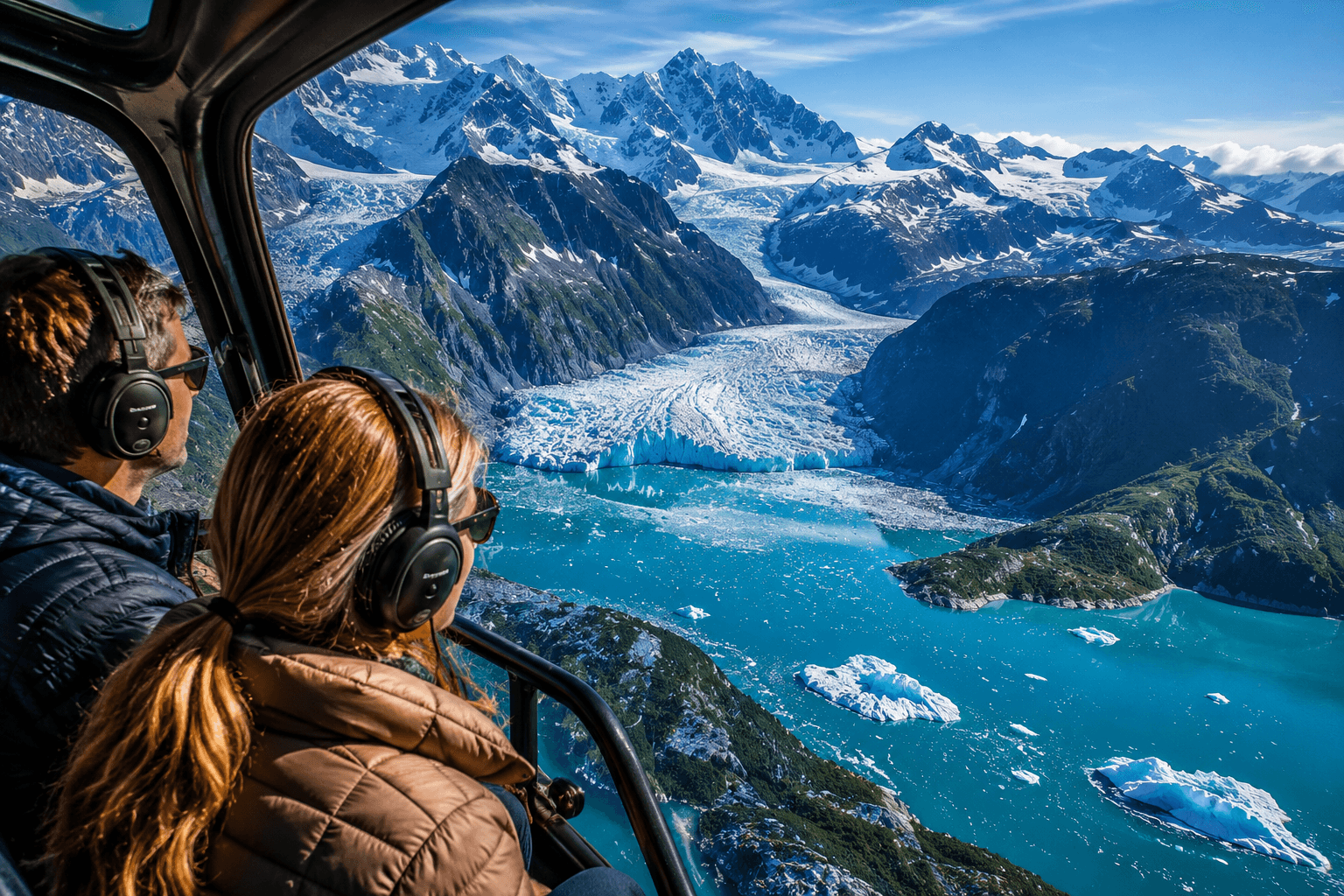 A couple enjoys a scenic flight over Alaska, looking out the aircraft window at towering snow-capped mountains, winding glaciers, turquoise glacial waters, and floating icebergs, offering a breathtaking aerial view of Alaska's rugged wilderness. A couple enjoys a scenic flight over Alaska, looking out the aircraft window at towering snow-capped mountains, winding glaciers, turquoise glacial waters, and floating icebergs, offering a breathtaking aerial view of Alaska's rugged wilderness.