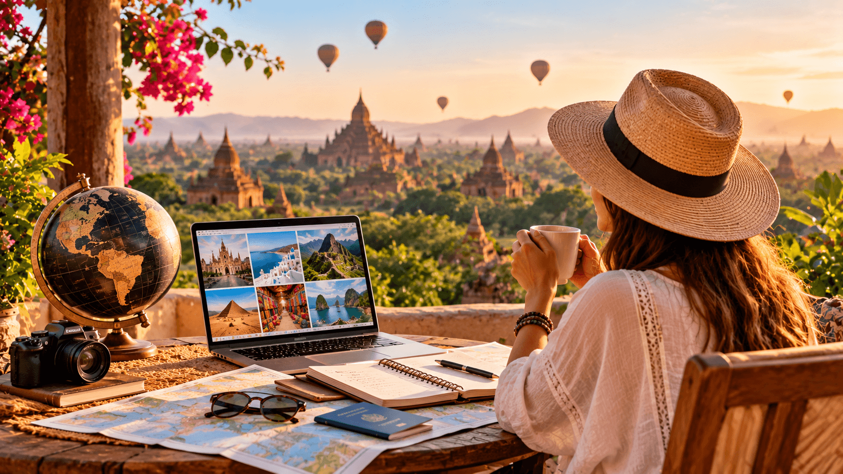 Traveler planning a dream trip overlooking Bagan temples.