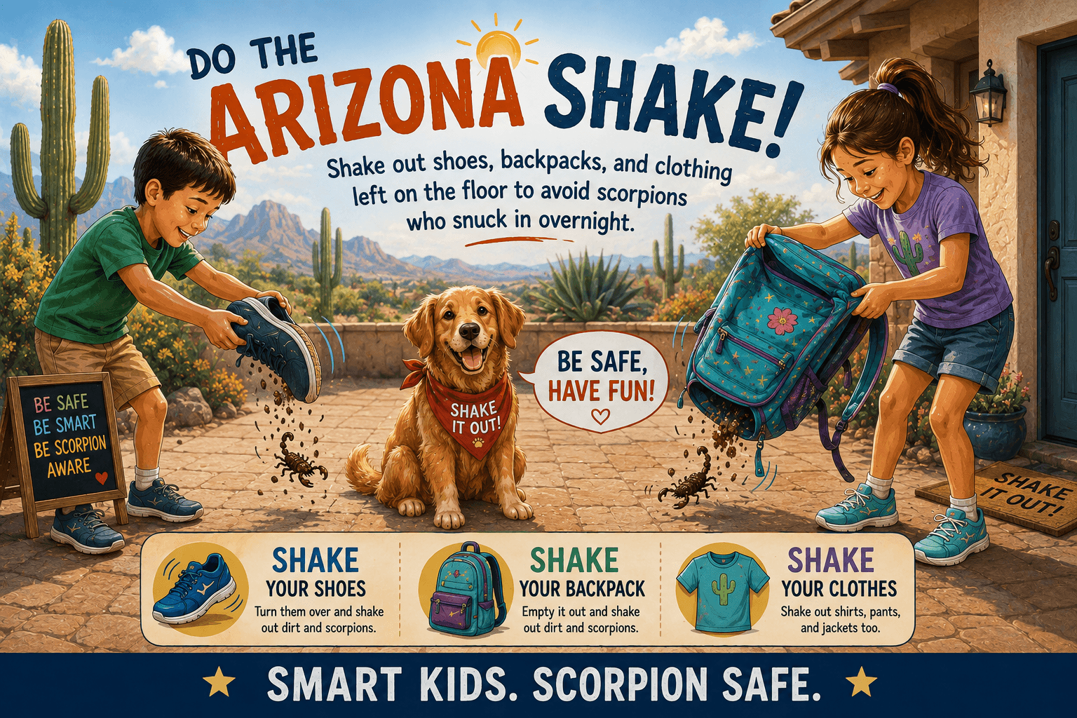 Kid-friendly Arizona Shake reminder showing children shaking out shoes, backpacks, and clothing before school to check for bark scorpions that may have hidden inside overnight. Kid-friendly Arizona Shake reminder showing children shaking out shoes, backpacks, and clothing before school to check for bark scorpions that may have hidden inside overnight.