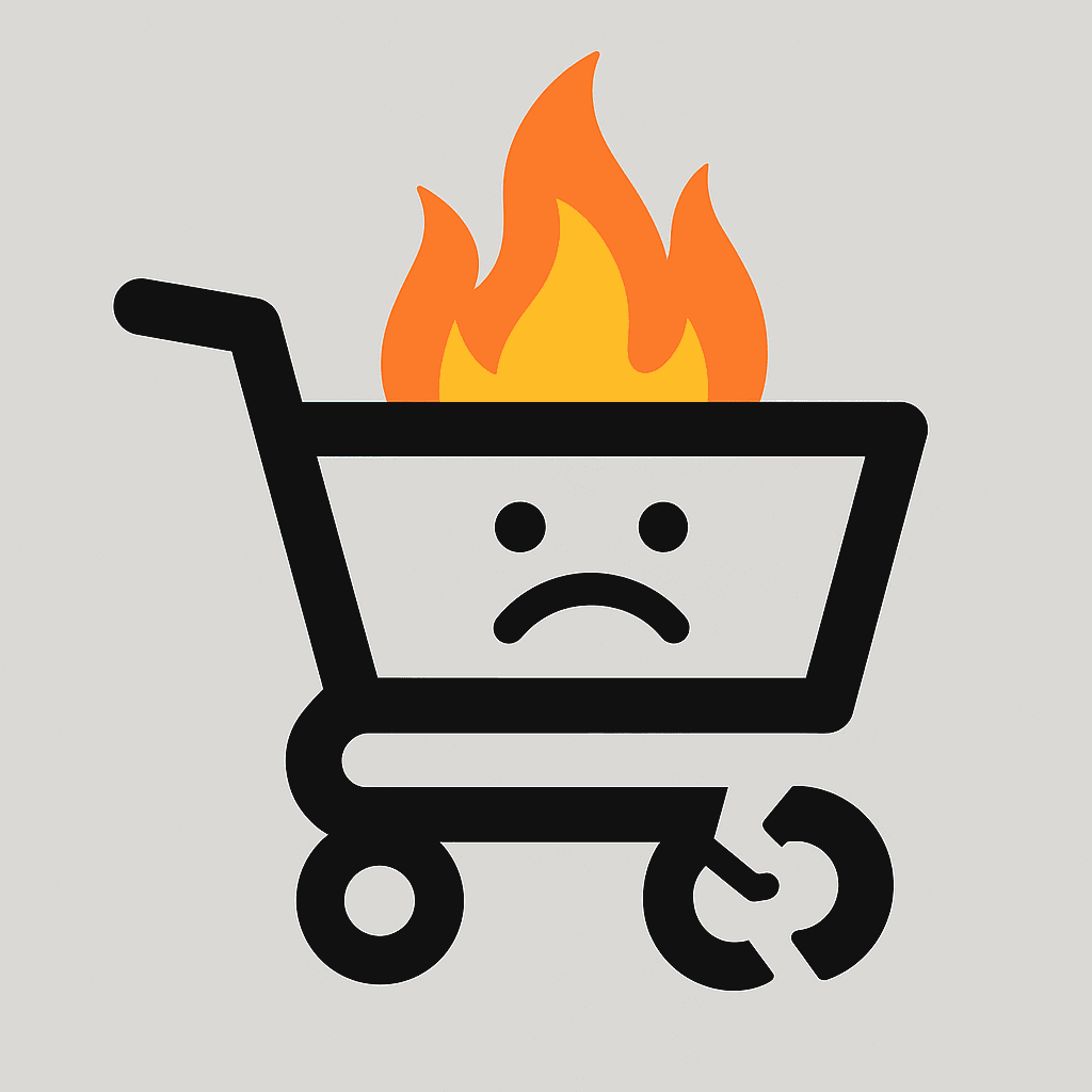Minimalist cartoon shopping cart with a sad face, flames coming out the top, and a broken front wheel, set against a light gray background. Minimalist cartoon shopping cart with a sad face, flames coming out the top, and a broken front wheel, set against a light gray background.