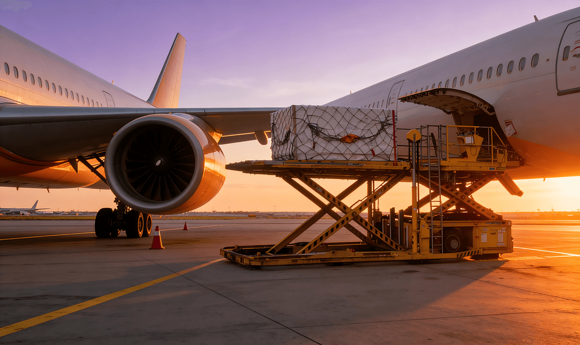 Preparation Before Flight. Loading Of Cargo Containers Against Jet Engine Of Freight Airplane. Preparation Before Flight. Loading Of Cargo Containers Against Jet Engine Of Freight Airplane.