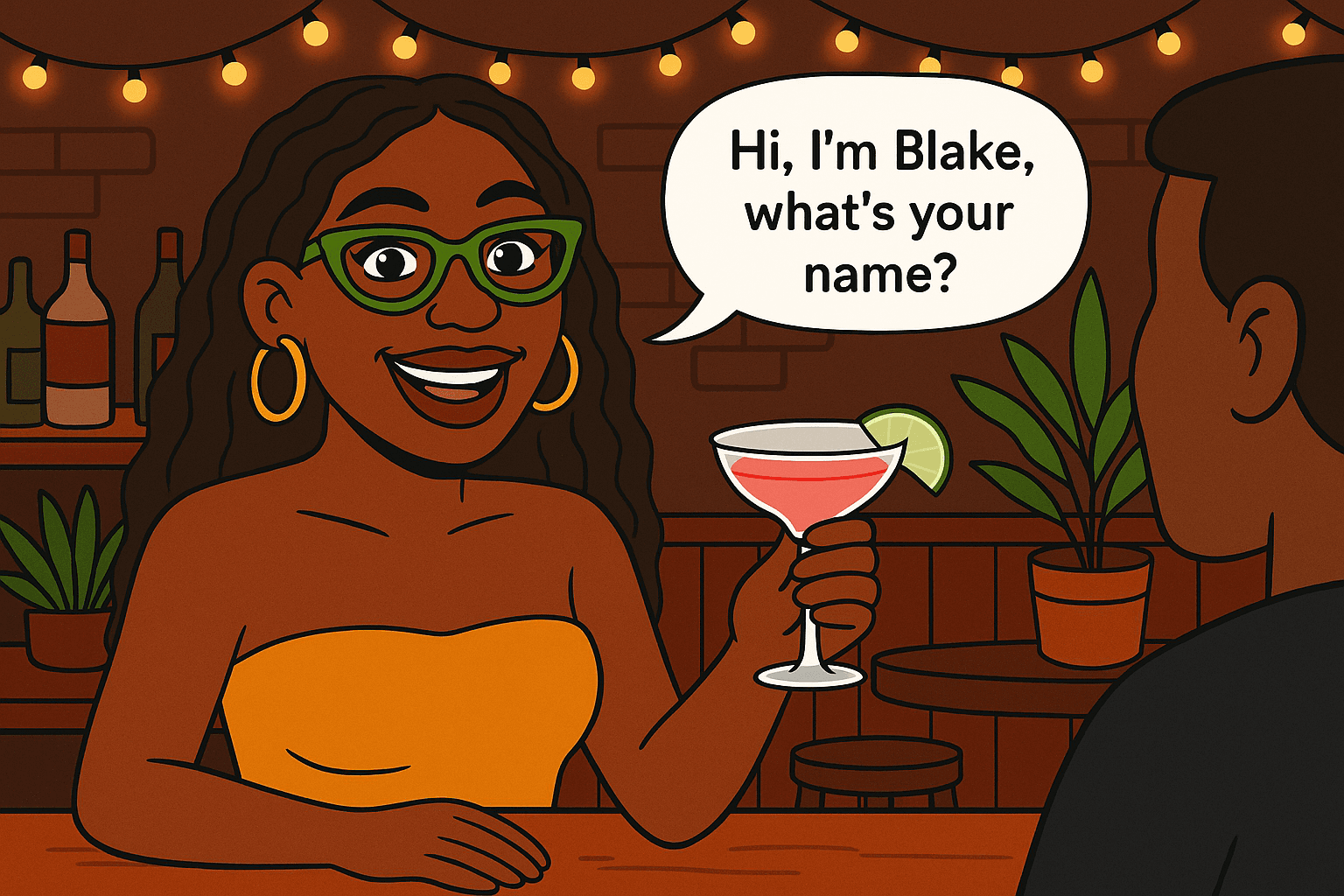 Black woman having a lighthearted conversation at a bar, depicted in comic-style with text bubbles