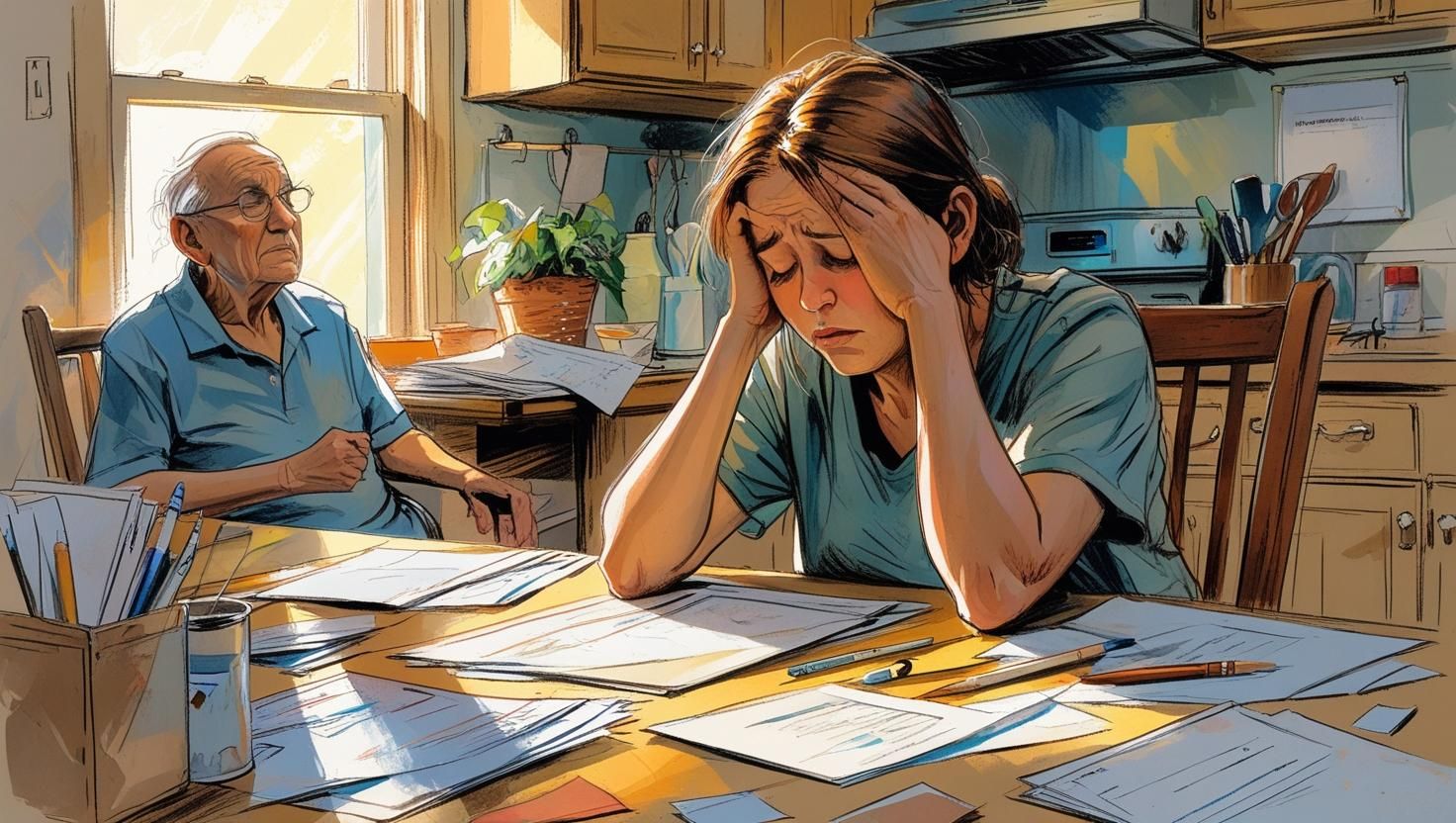 Tired caregiver surrounded by responsibilities, representing burnout and need for respite care. Tired caregiver surrounded by responsibilities, representing burnout and need for respite care.