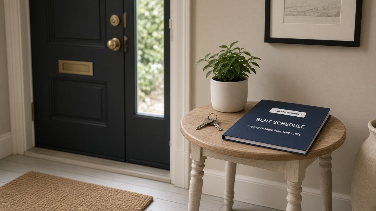 House keys and rent schedule folder for UK landlord tax records. House keys and rent schedule folder for UK landlord tax records.