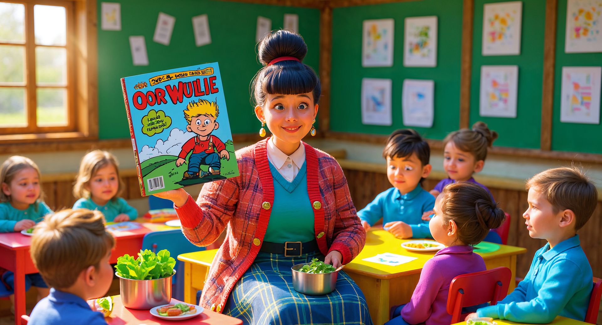 A playful clay-style classroom scene featuring a cheerful teacher standing at her desk with children eating lunch. The teacher looks surprised as she heads toward the door, holding her tummy. The background shows bright classroom colours and friendly details matching the George and Mummy style.
