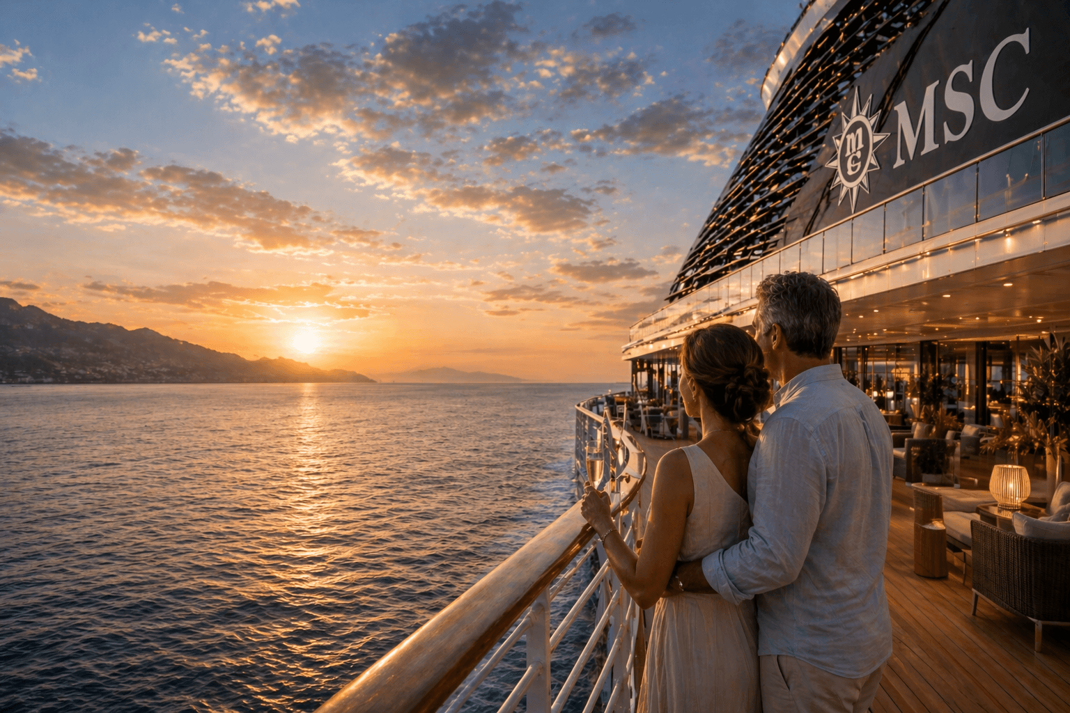 A couple in their 40s stands together on the deck of an MSC cruise ship at sunset, holding a drink and looking out over the ocean as warm golden light reflects on the water and the ship’s elegant exterior.