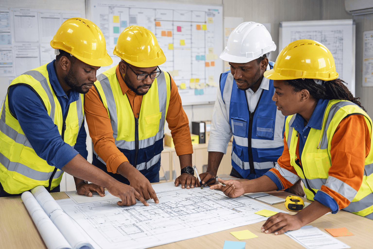 African construction professionals wearing PPE meet in a site office, reviewing and discussing construction drawings spread on a table, pointing at plans and coordinating design changes.