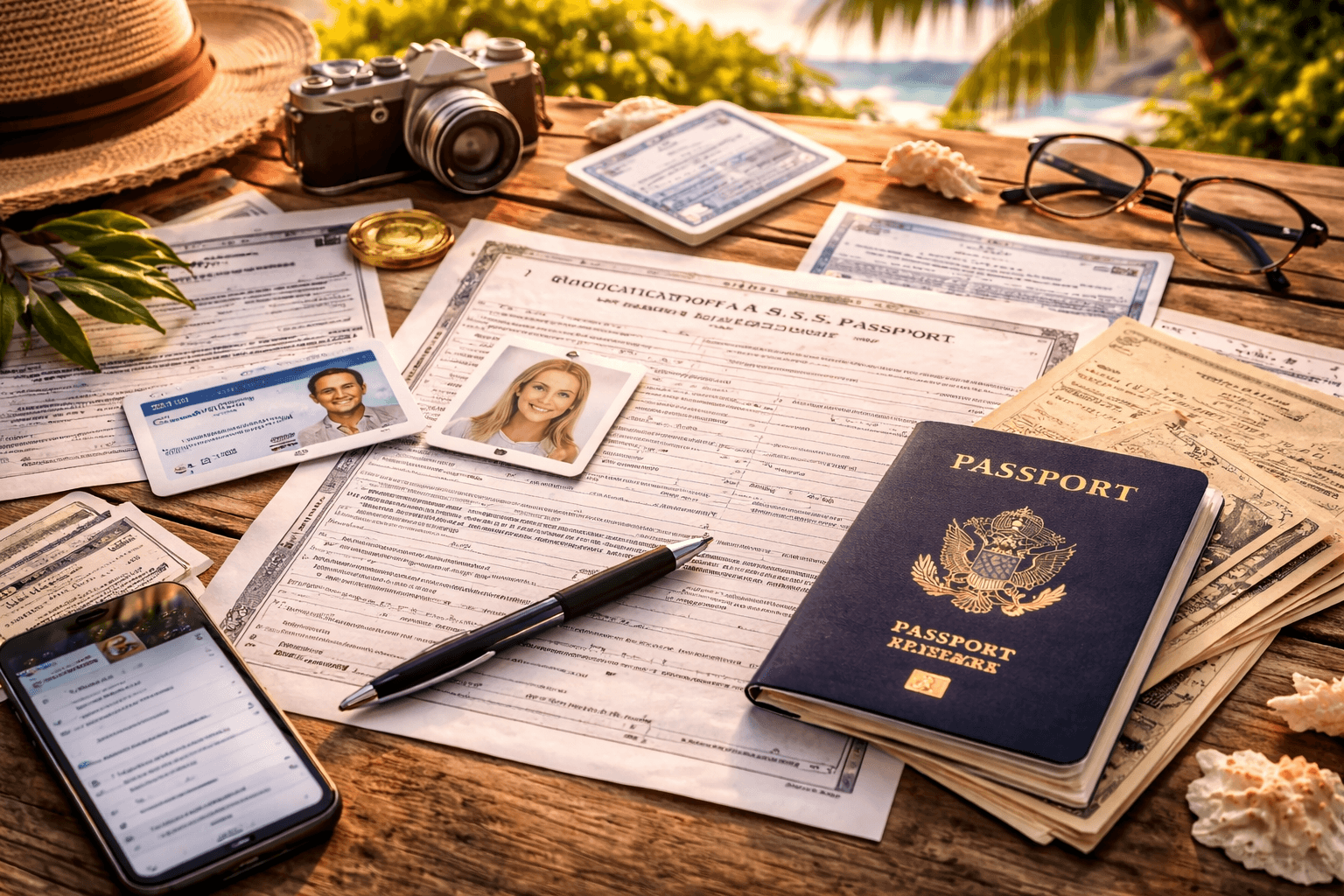 Passport application documents, ID, photos, and passport on desk