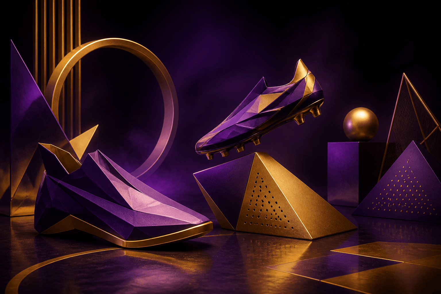 Abstract purple and gold illustration of a football cleat