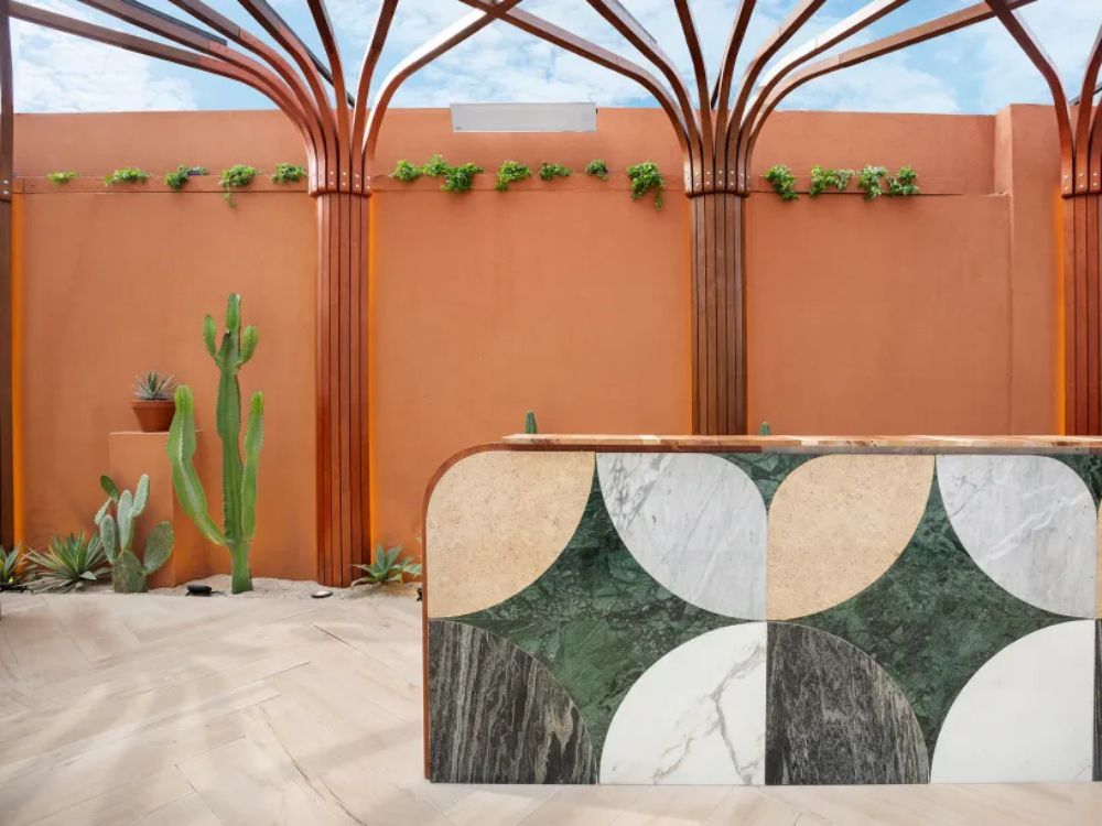 Vista do patio externo calçado, com muro laranjado e cactos plantados