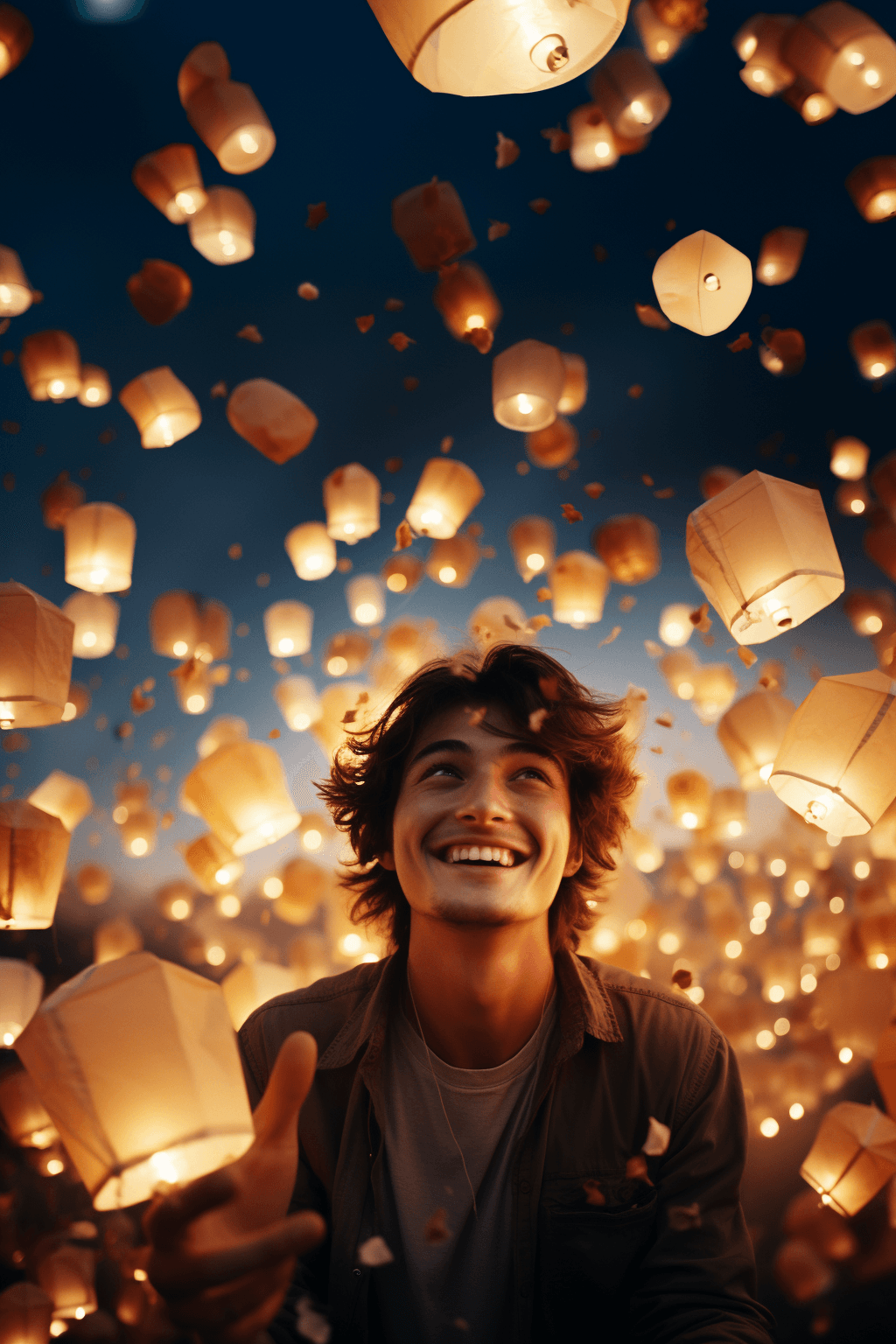 uśmiechnięty chłopiec wśród lampionów