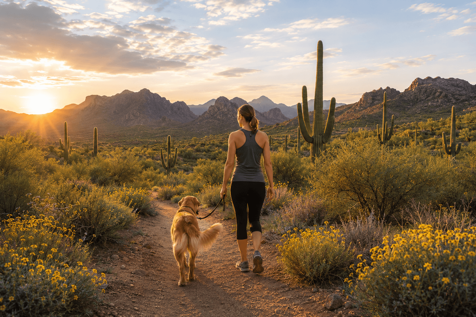 Woman walking her dog on a North Valley desert trail at sunset, surrounded by saguaros, native desert plants, and rugged Arizona mountains. Woman walking her dog on a North Valley desert trail at sunset, surrounded by saguaros, native desert plants, and rugged Arizona mountains.