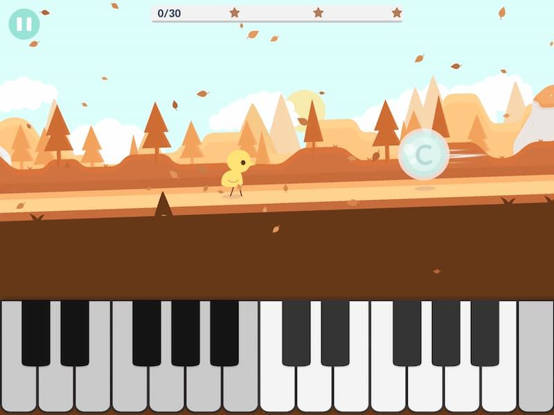 Wimbo piano tutor iPad music game level 1 baby chick walking toward the letter C with keyboard at bottom of screen Wimbo piano tutor iPad music game level 1 baby chick walking toward the letter C with keyboard at bottom of screen