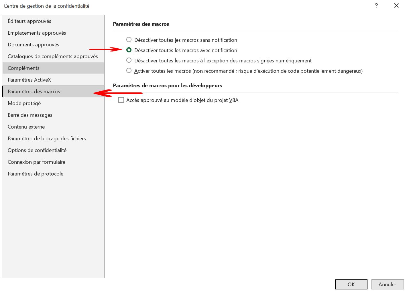Paramètres des macros Excel