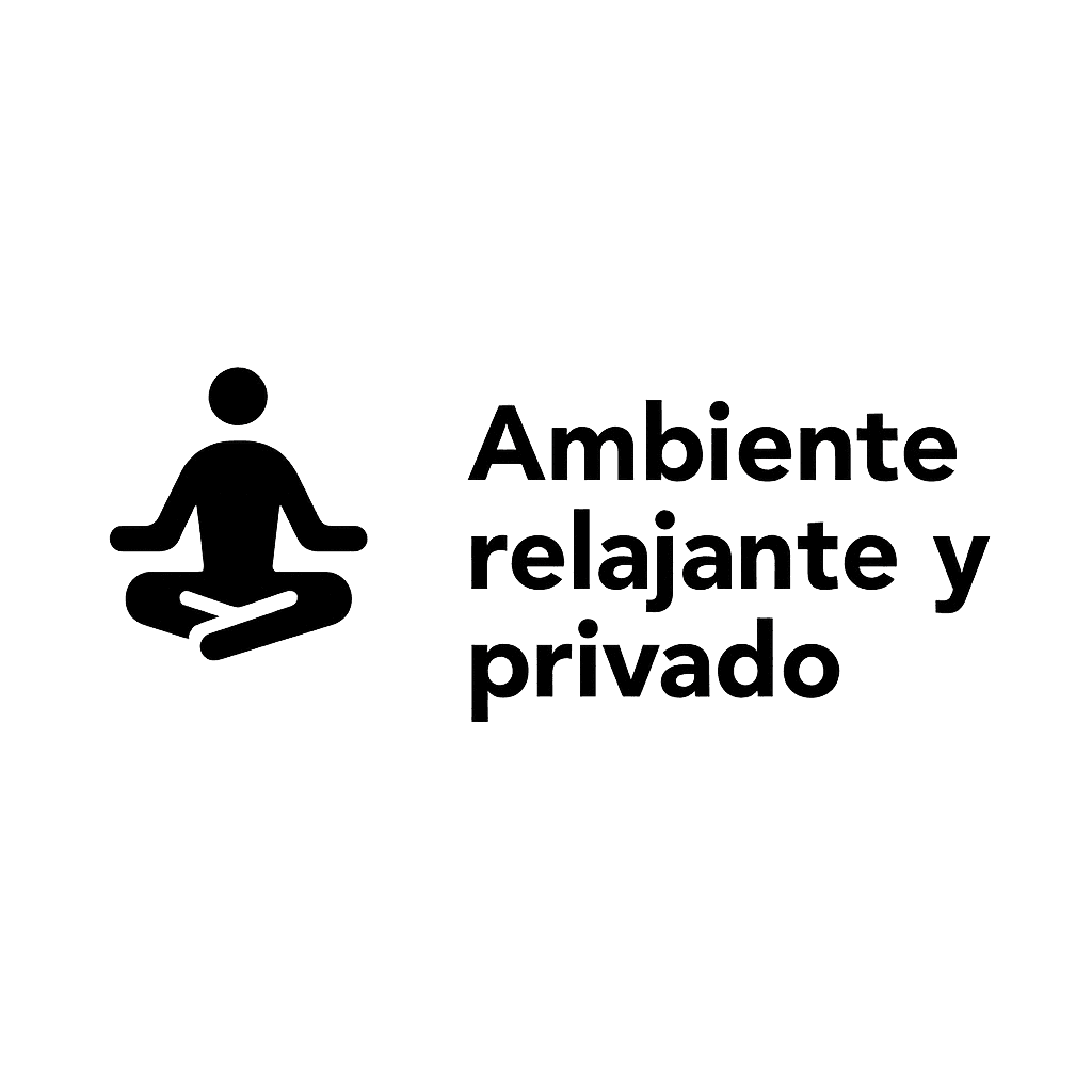 Icono de una persona meditando en posición de loto, con el texto “Ambiente relajante y privado”. Refuerza la idea de que el espacio está diseñado para garantizar tranquilidad y bienestar total.