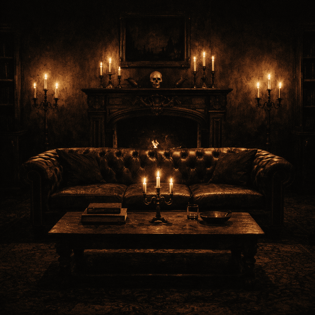 gothic living room with a strong focal point created by a heavy sofa and fireplace arrangement