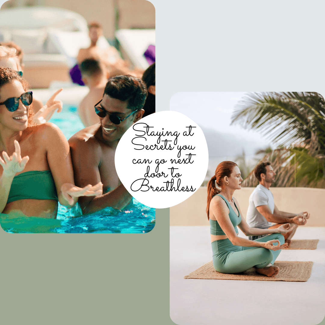 Couple relaxing at a pool and people meditating, showing the mix of fun and wellness when staying at Secrets with access to Breathless.