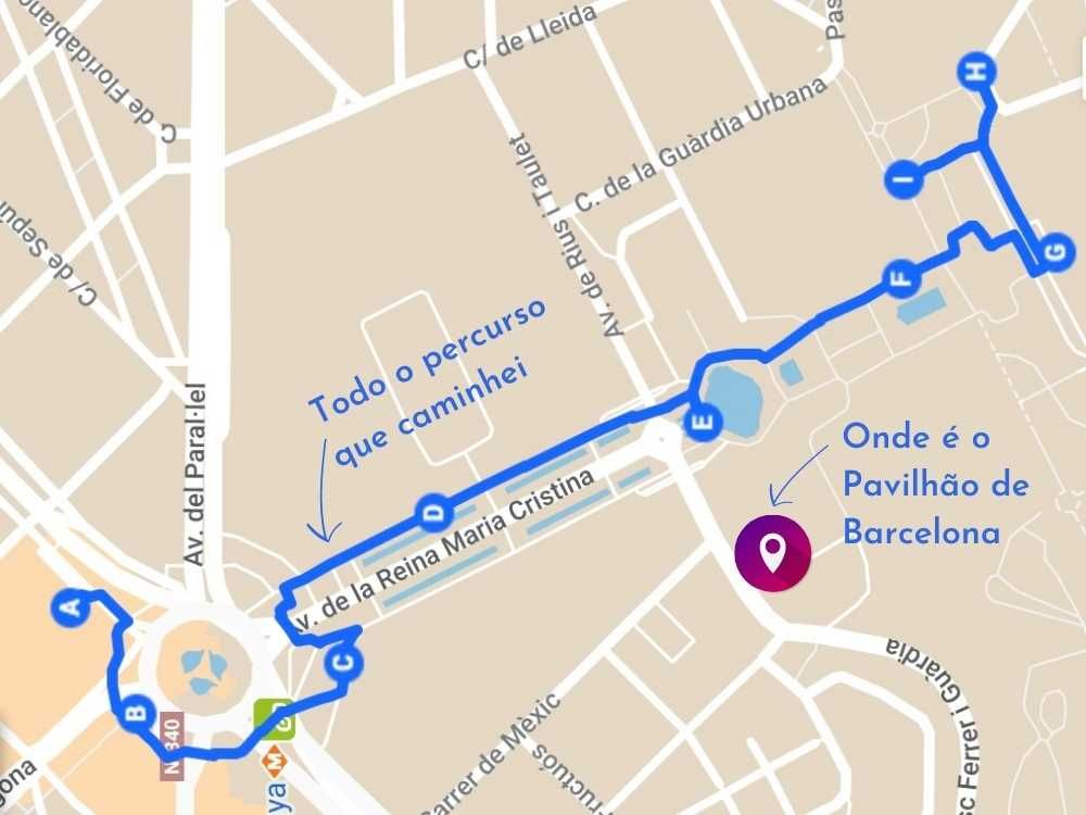 Mapa com trajeto demarcado em azul e alfinete demarcando onde fica o Pavilhão de Barcelona