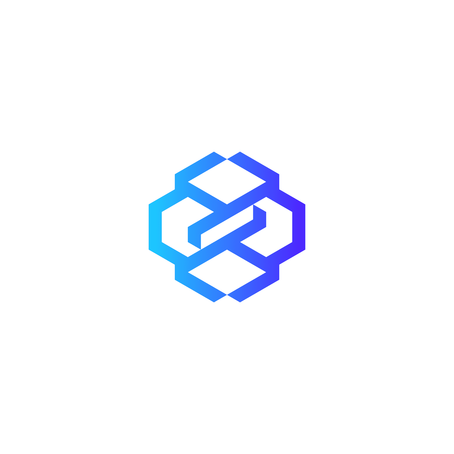 Blue geometric abstract logo on a dark gray background.