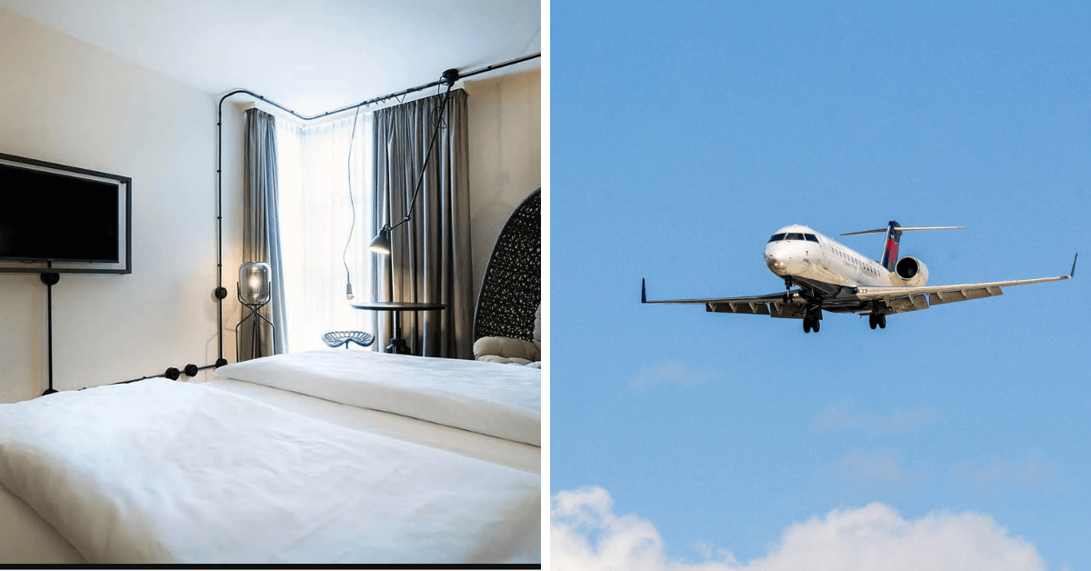 Airplane in flight and luxury ocean-view hotel room. Airplane in flight and luxury ocean-view hotel room.
