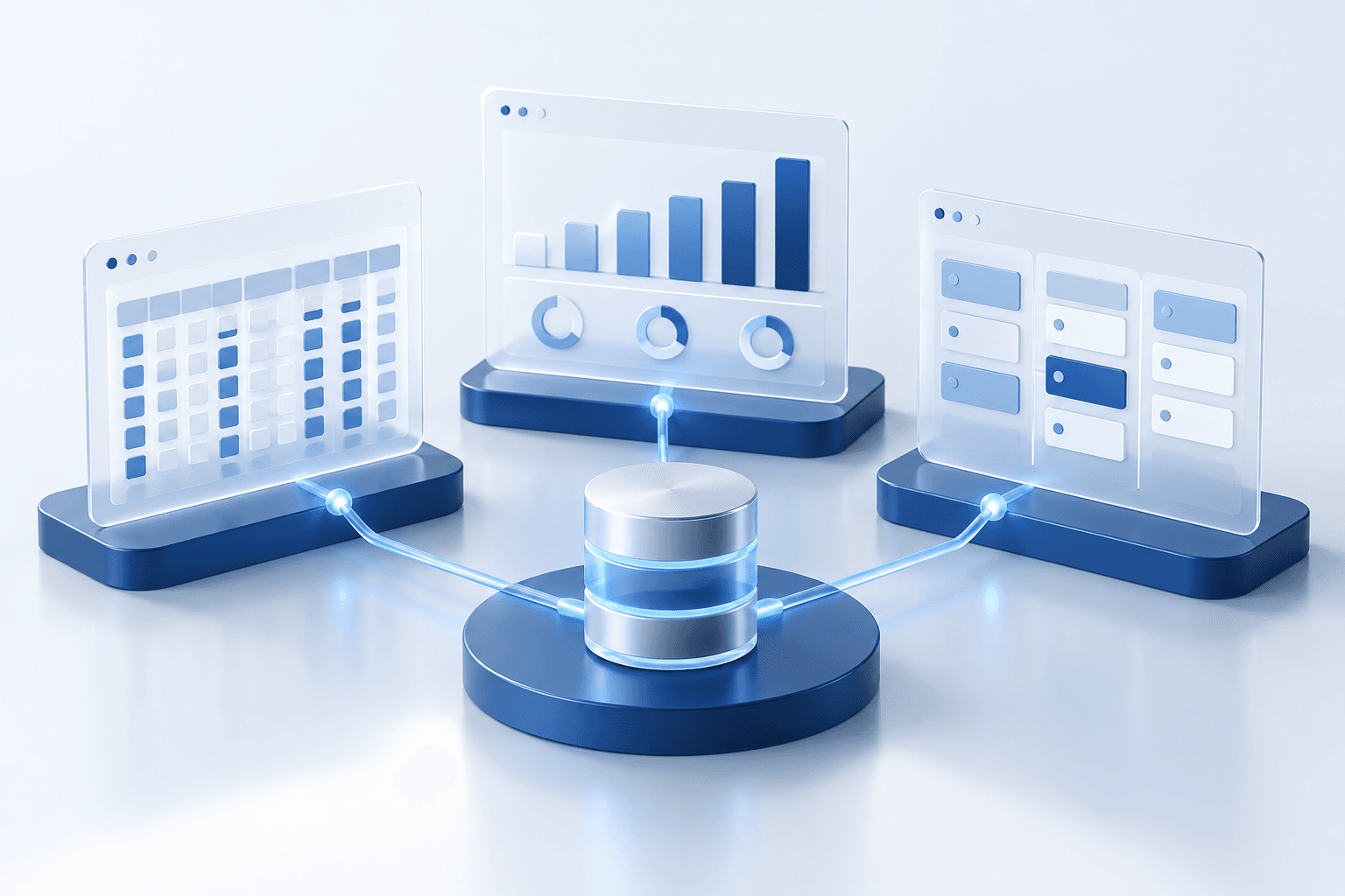 Conceptual business application panels connected to shared data, representing finance, operations and customer processes.