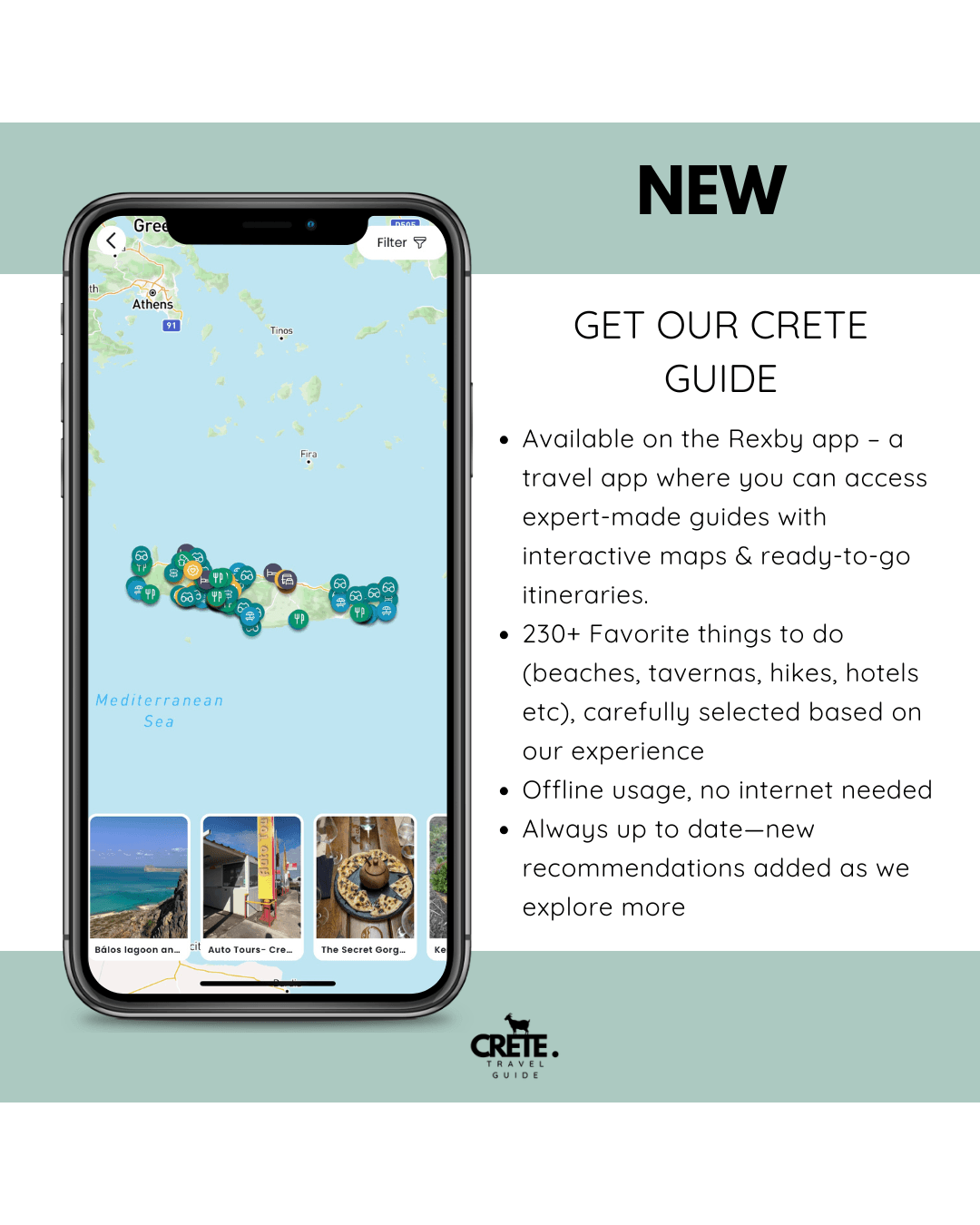 Interactive map view of the Crete Travel Guide on Rexby, showing over 200 curated locations including beaches, hikes, food spots, and cultural sites across the island. Interactive map view of the Crete Travel Guide on Rexby, showing over 200 curated locations including beaches, hikes, food spots, and cultural sites across the island.