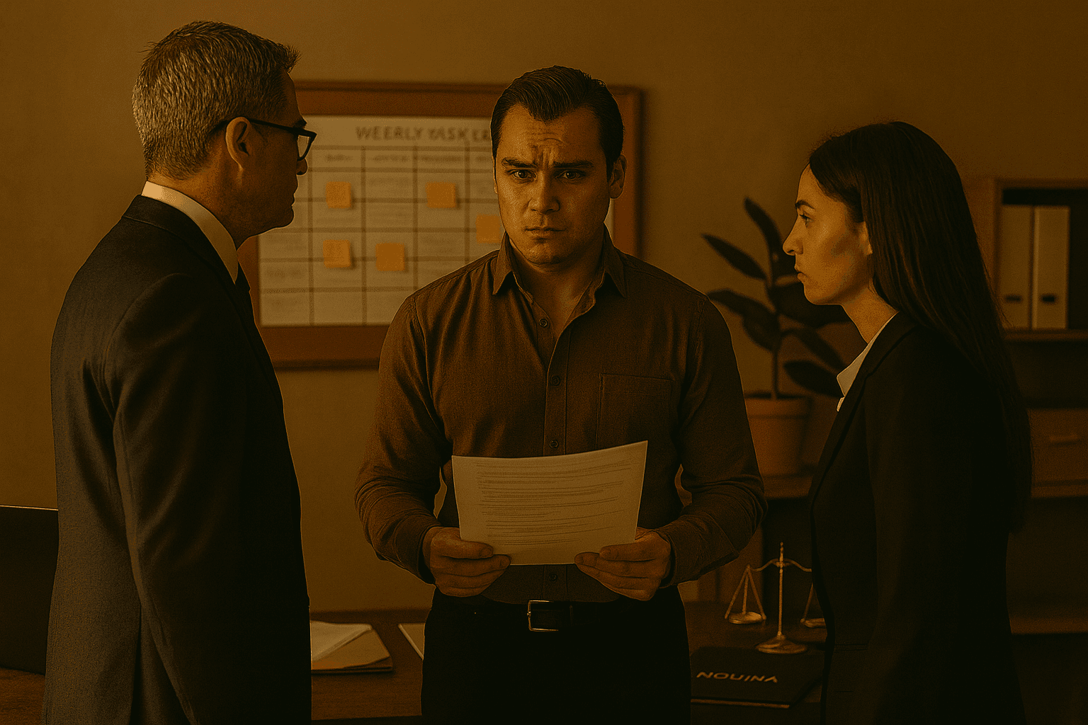 Abogado joven en oficina elegante con documentos, balanza dorada y equipo jurídico detrás, transmitiendo liderazgo y control.