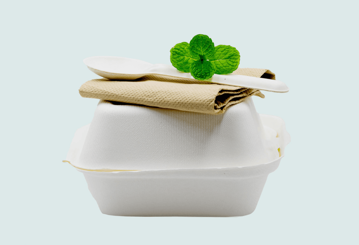 Natural eco-friendly disposable utensils (fork, spoon, dish plate, bowl, cup and fast food box container) made of fiber of bagasse and bamboo.