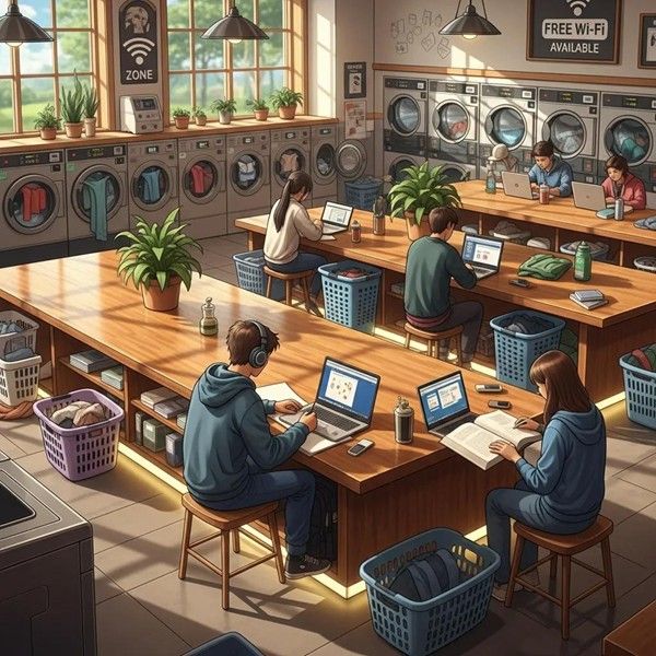Students studying in a laundromat with spacious folding areas and free Wi-Fi, highlighting amenities for student convenience