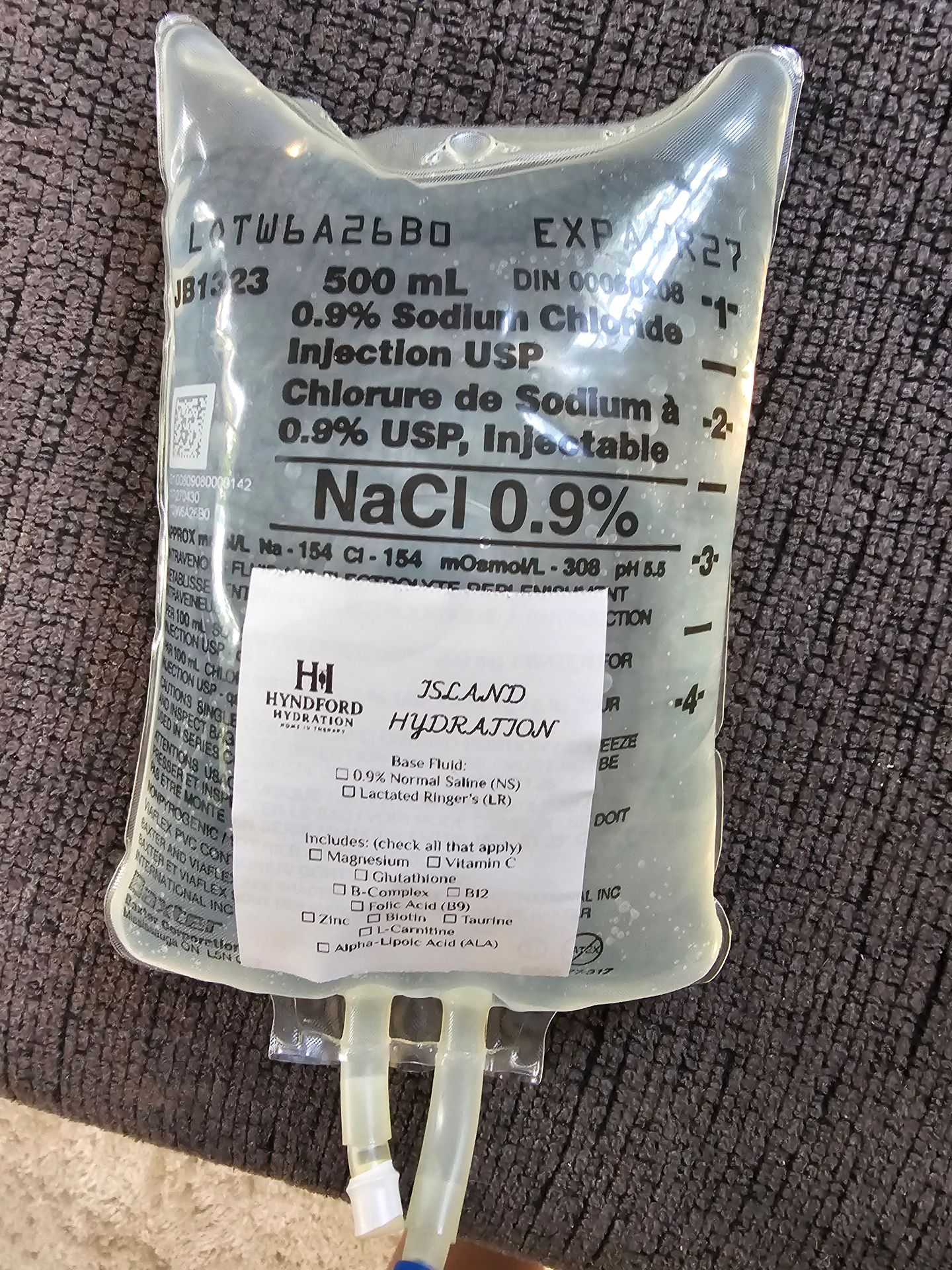 IV bag with label