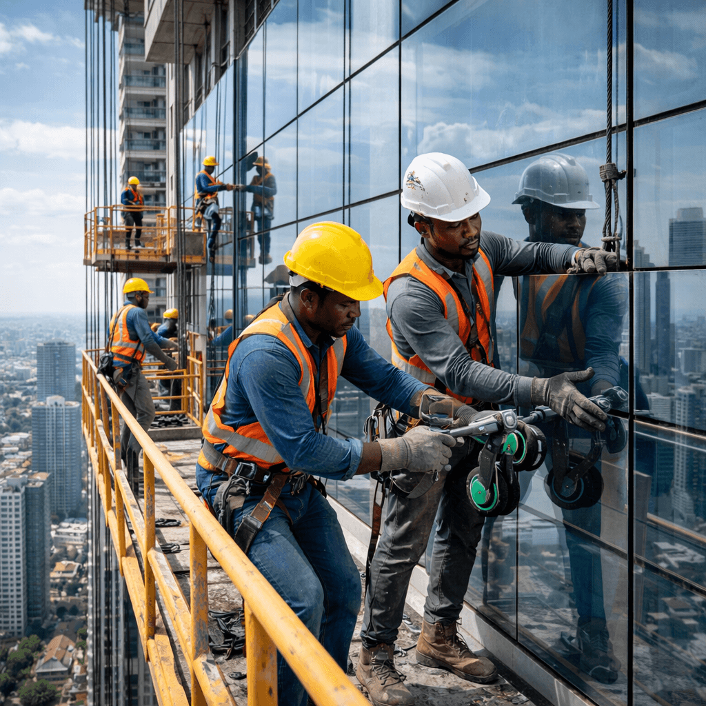 Aerial view of construction worker working on roof trusses
