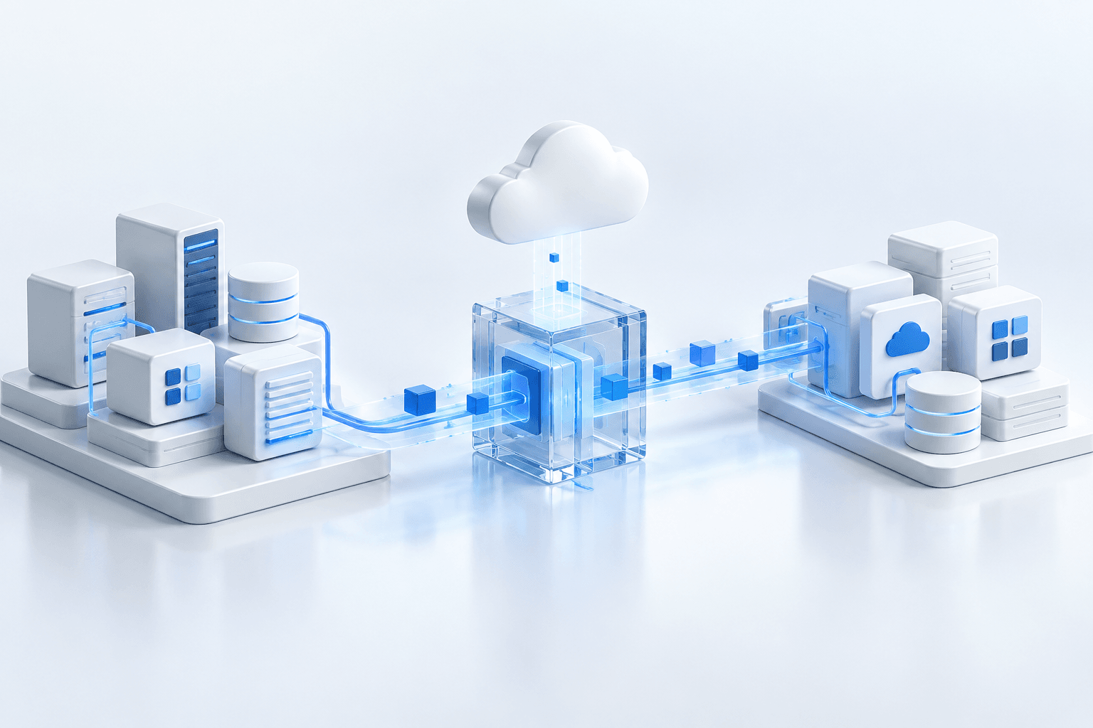 Conceptual cloud integration gateway connecting business application and data systems.