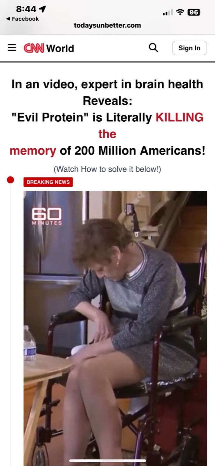 Screenshot of a mobile webpage styled like “CNN World” claiming an “evil protein” is killing the memory of 200 million Americans, with a “Breaking News” label and a video preview resembling a 60 Minutes segment showing an older woman seated in a wheelchair.