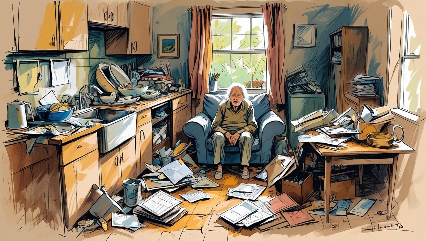 Cluttered home environment with elderly person, indicating difficulty managing household tasks. Cluttered home environment with elderly person, indicating difficulty managing household tasks.