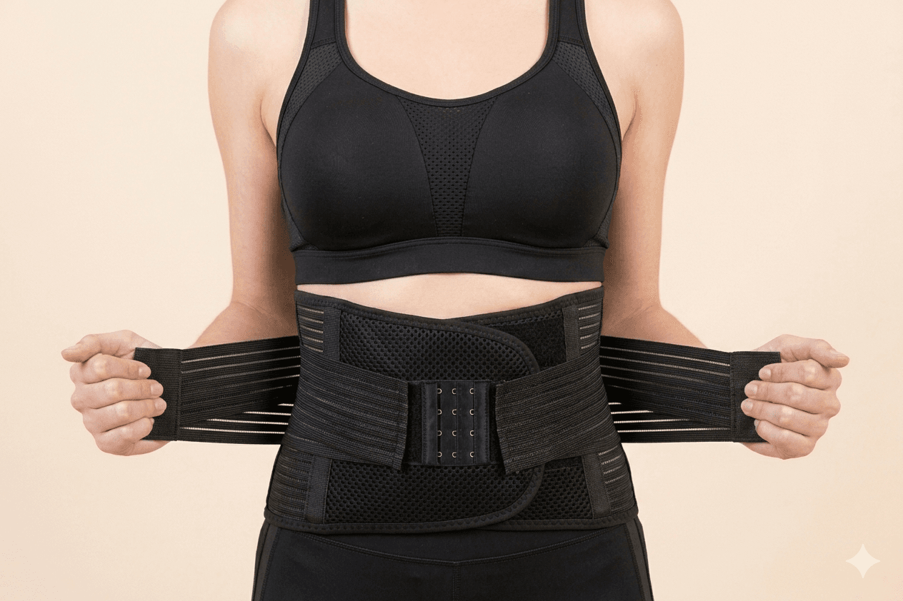 Fotografía de una joven vestida de negro ajustando su faja pensando en ¿cuánto tiempo debo usar faja después de una lipoabdominoplastia?