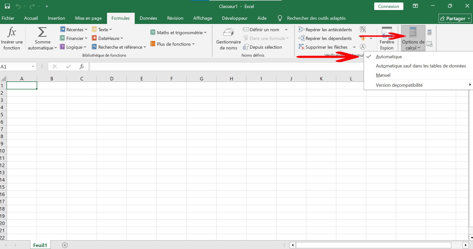 Options de calcul Excel