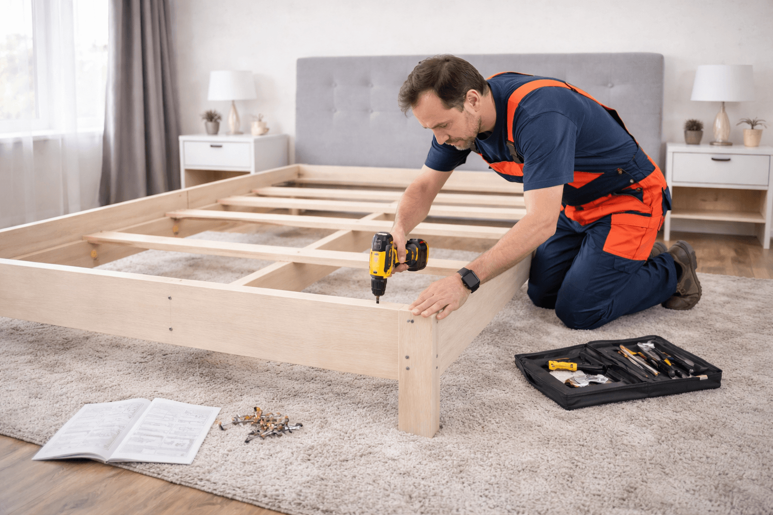 Partially assembled bed frame with instructions