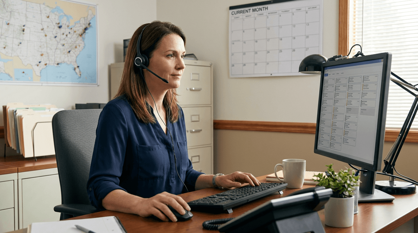 Service-business dispatcher receiving a customer call with the caller’s information already available. Service-business dispatcher receiving a customer call with the caller’s information already available.