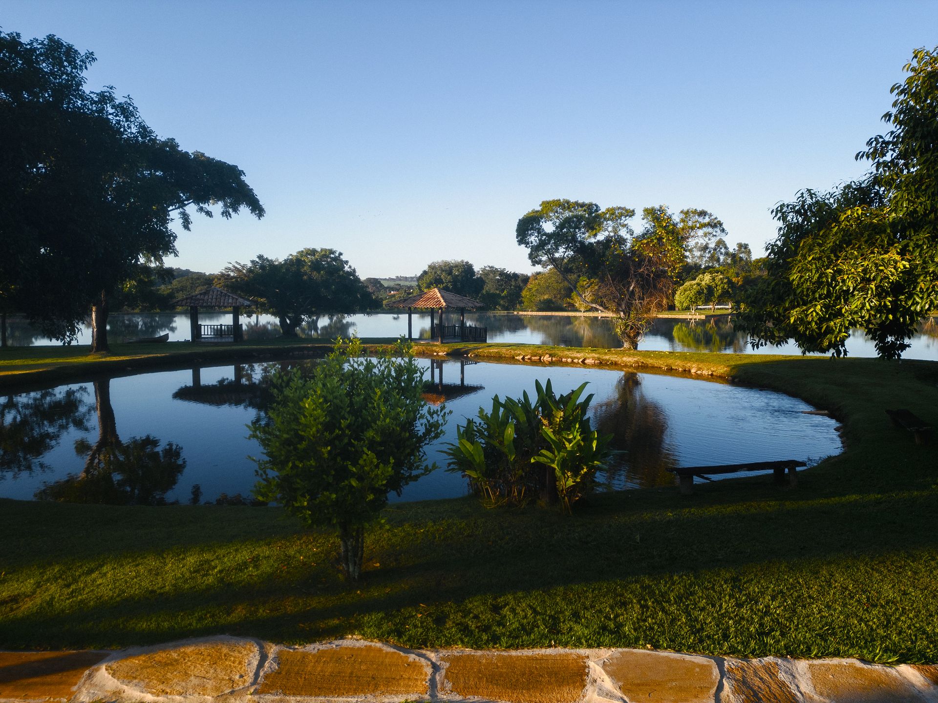 Scenic view of a tranquil lake surrounded by trees and grassy banks under a clear blue sky.