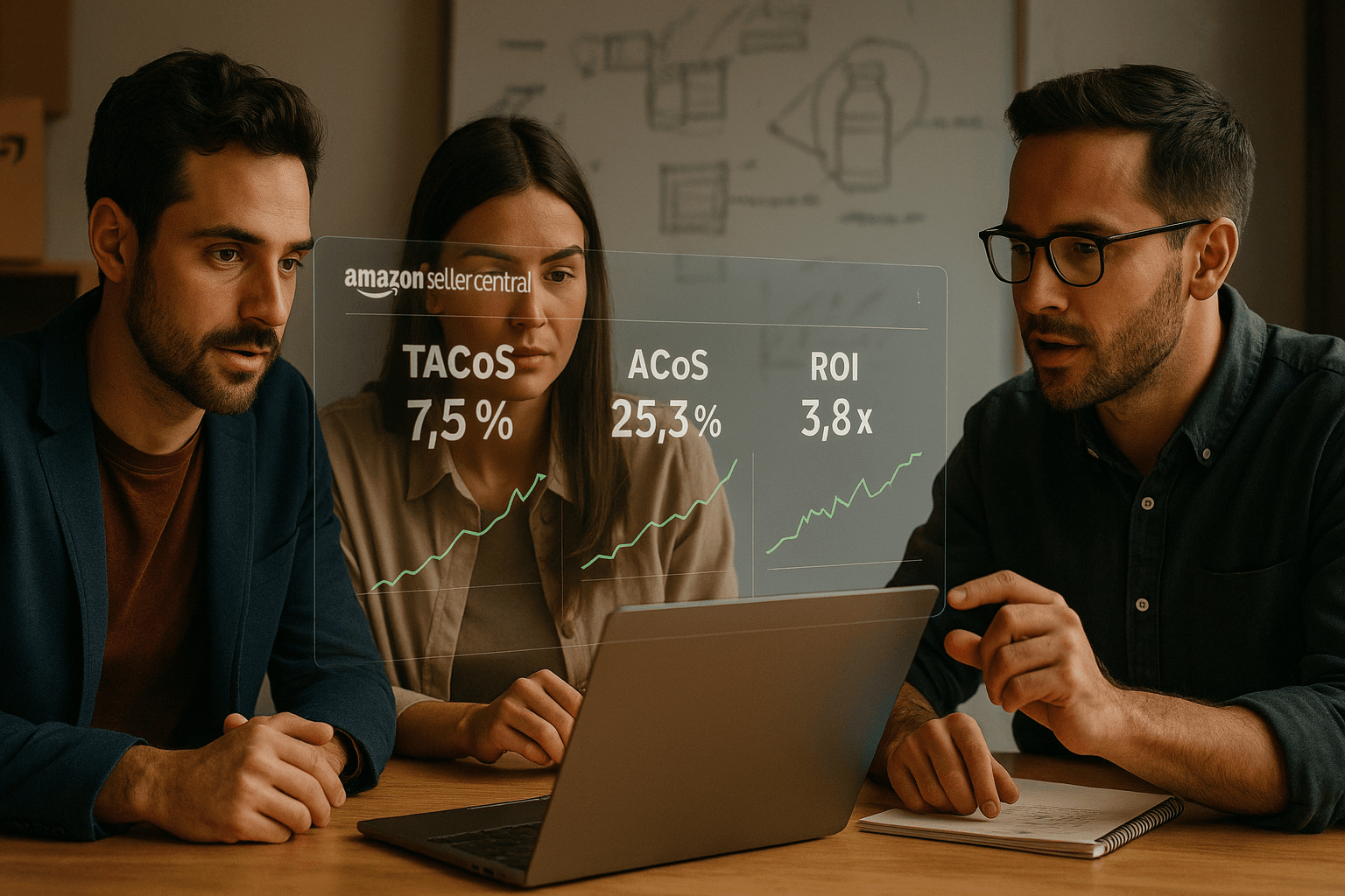 Echipa de antreprenori romani analizand un dashboard Amazon TACoS pe ecran transparent – decizii strategice pentru Q4 2025 Echipa de antreprenori romani analizand un dashboard Amazon TACoS pe ecran transparent – decizii strategice pentru Q4 2025