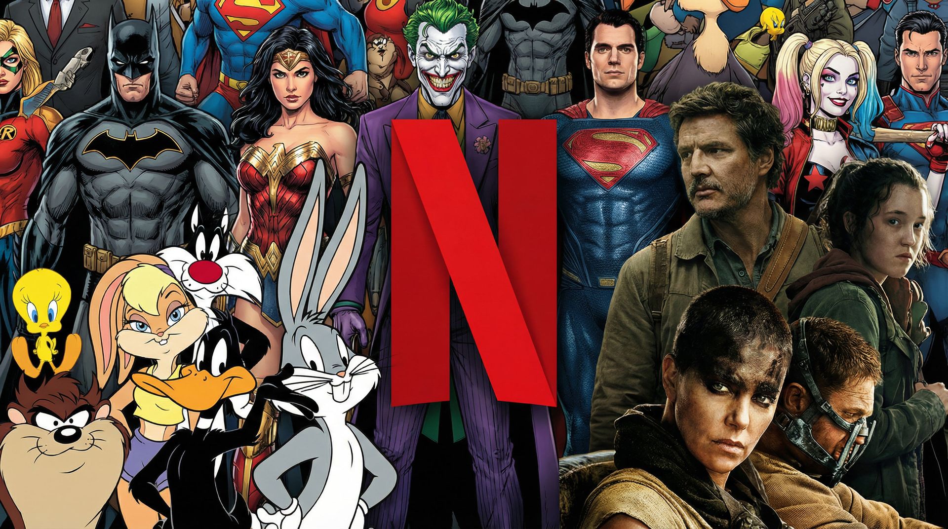 Logo Netflix avec des personnage venant de Warner Bros et HBO Max Logo Netflix avec des personnage venant de Warner Bros et HBO Max