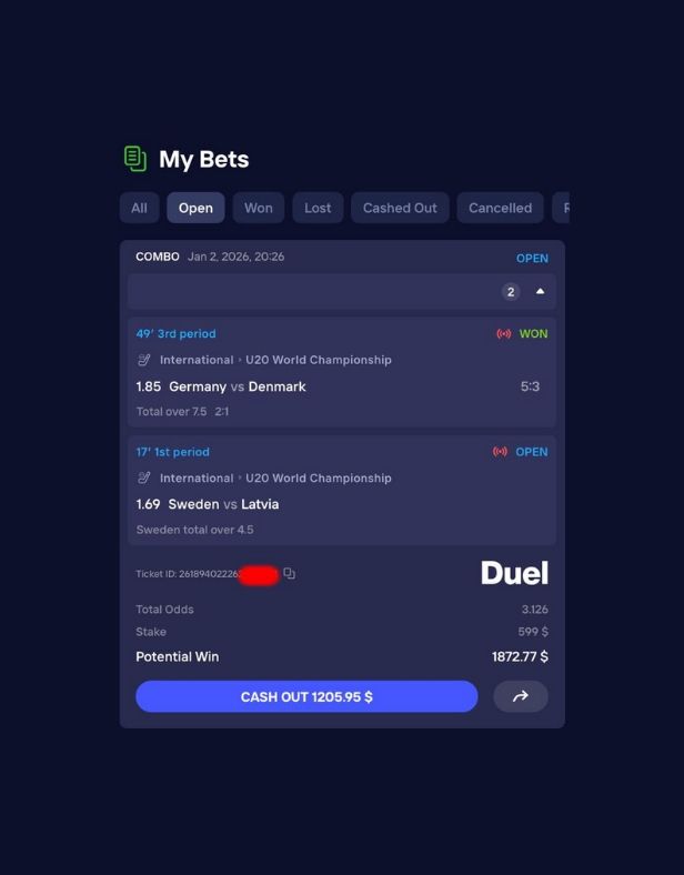 Duel crypto sportsbook bet slip with live betting odds, instant cash out and high-value sports wager