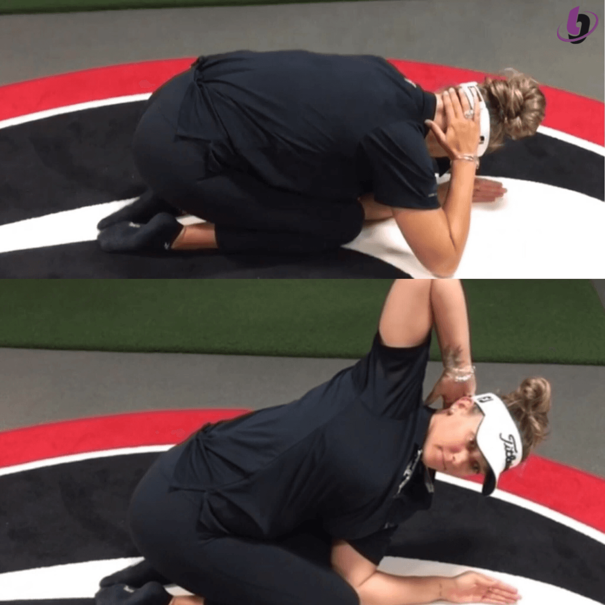 Kneeling thoracic rotation position emphasizing ribcage mobility, pelvic stability, and controlled rotational range relevant to golf swing mechanics.